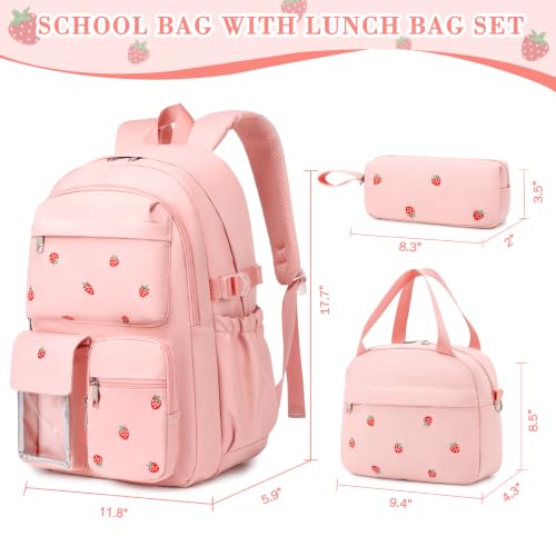 Girls Embroidered Backpack Set with Lunch Bag - Pink Strawberry