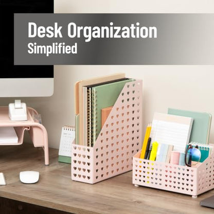 Pink Metal Vertical File Holder with Heart Cutout - Desktop Organizer