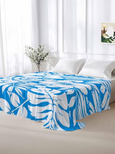 King Flat Sheet Hibiscus Flowers Blue Tropical Monstera Leaves Microfiber Bedding