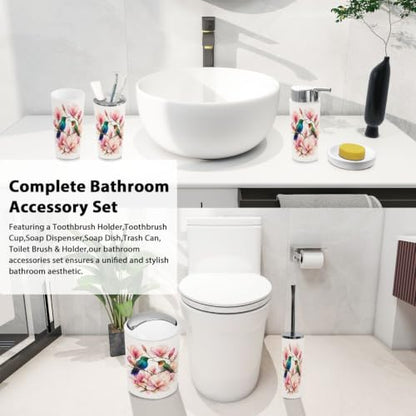 Bathroom Accessory Set 6PCS Hummingbirds Flowering Branch Magnolia - Multi2