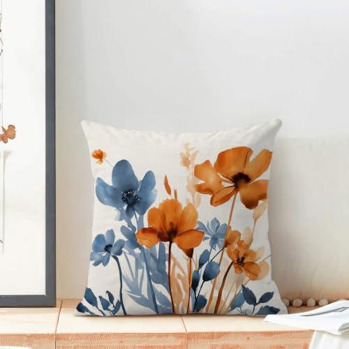AEIOAE Blue and Orange Floral Pillowcase Set of 2 - 18 x 18 Inches, Linen Blend, Double-Sided Print, Hidden Zipper, Spring Bedroom Decor
