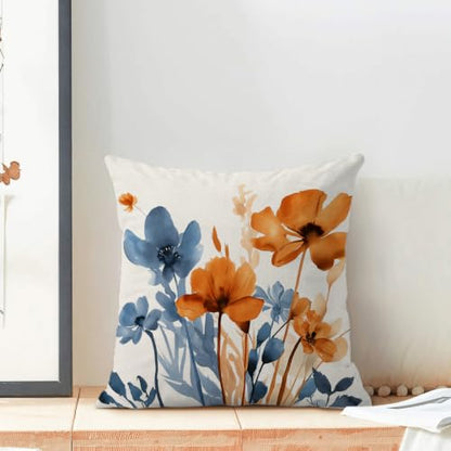AEIOAE Blue and Orange Floral Pillowcase Set of 2 - 18 x 18 Inches, Linen Blend, Double-Sided Print, Hidden Zipper, Spring Bedroom Decor