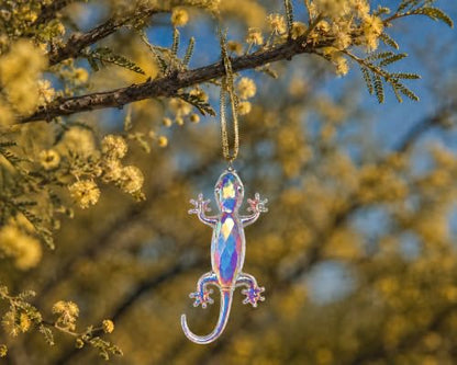 Opalescent Crystal Gecko Ornament Handblown Glass Holiday Decor