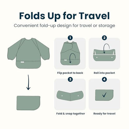 Tiny Twinkle Long Sleeve Bib for Babies & Toddlers | 2-Pack Waterproof Smock Bib for Eating | Machine Washable & Mess-Proof Feeding Essentials | Newborn Shower Gift (Slate Olive,6–24M)
