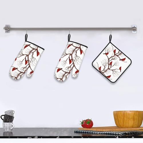 Winter Cardinal Oven Mitts and Pot Holders Set - Birds Cardinal Variation