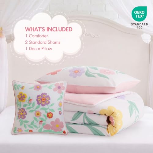 Kids Floral Pink Comforter Set with 3D Embroidered Flowers & Pillow - Twin/Twin XL