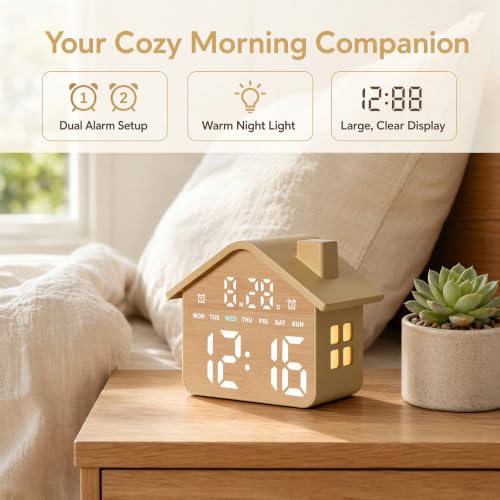 Wood Grain House-Shaped LED Alarm Clock with Night Light - GDQ