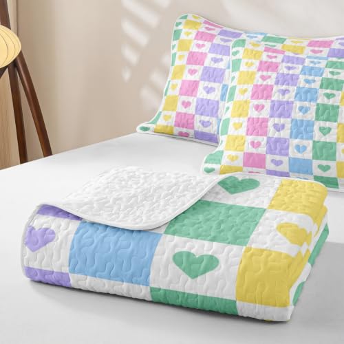 Colorful Heart Quilt Set King Size 3pcs with Pillow Shams - Geometric Patchwork