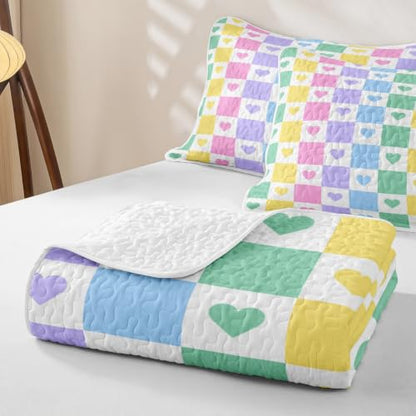 Colorful Heart Quilt Set King Size 3pcs with Pillow Shams - Geometric Patchwork