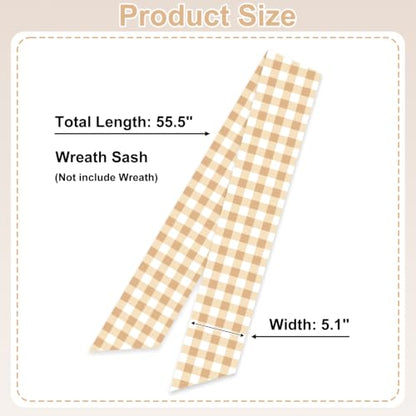 Khaki and White Gingham Wreath Sash for Front Door - 55.5" x 5.1" - Versatile Seasonal Decor