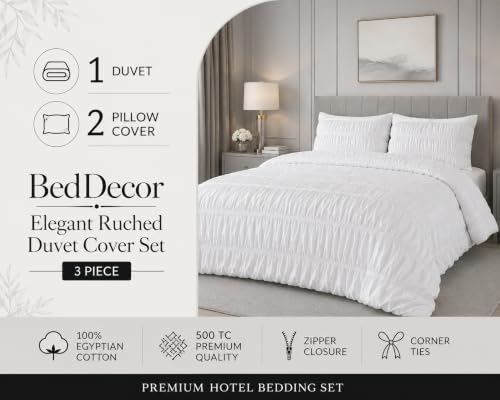 Queen Size Egyptian Cotton Duvet Cover Set with Zipper & Corner Ties - Wine - 3 Piece Ruched Bedding