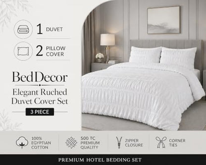 Queen Size Egyptian Cotton Duvet Cover Set with Zipper & Corner Ties - Wine - 3 Piece Ruched Bedding