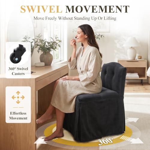 Black Velvet Makeup Vanity Chair with Back and Wheels - Swivel Seat