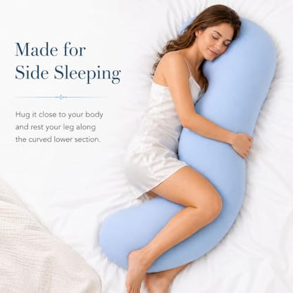 Blue S-Shaped Body Pillow for Side Sleepers with Cooling Cotton Cover - Support for Hips, Knees & Legs