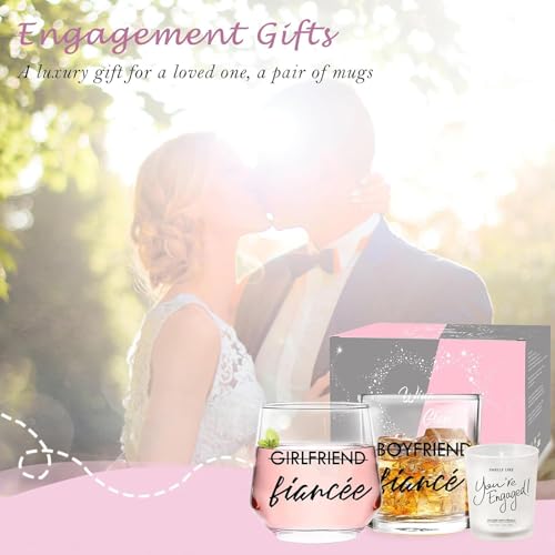 Engagement Gift Set for Couples - 10 oz Whiskey & 12 oz Wine Glasses - Fiancé and Fiancée Variation