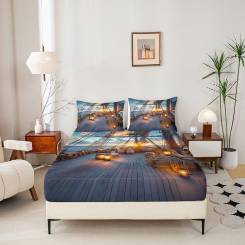 Homewish Queen Size Ship Deck Fitted Sheet No Flat - Blue 07 / Queen