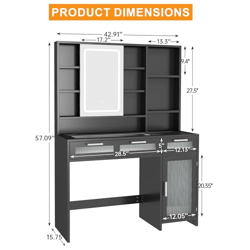 Hadulcet 43" Black Vanity Desk with Sliding Mirror, Lights, Power Outlets, 2 Drawers, 10 Shelves