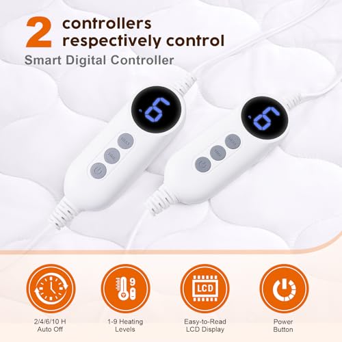 Queen Size Electric Heated Mattress Pad with Dual Control, 9 Heat Settings & Auto Shut Off