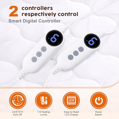 Queen Size Electric Heated Mattress Pad with Dual Control, 9 Heat Settings & Auto Shut Off