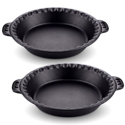 10-Inch Cast Iron Pie Pans Set with Crimped Edges & Handles - 2 Pack