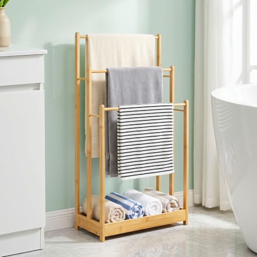 Giantex 3-Tier Free Standing Bamboo Towel Rack with Storage Shelf - Natural