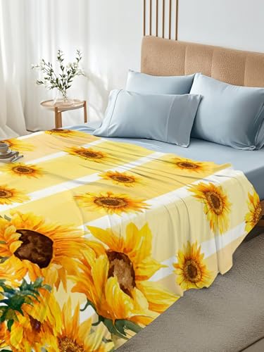 Summer Sunflower Yellow Stripe Flat Sheet Twin XL Microfiber Bedding - Breathable & Soft