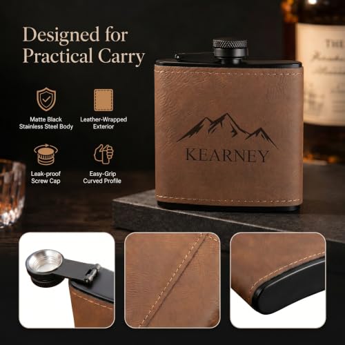 Personalized Leather Hip Flask 6 oz Engraved Groomsmen Gift - Coffee Variant