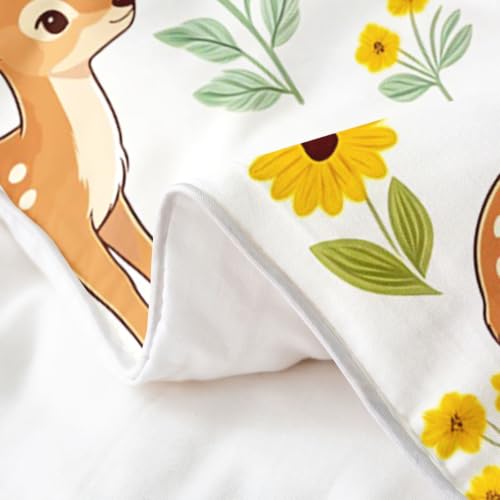 Colorful Botanical Deer Duvet Cover Set Queen with Zipper Closure - Butter Yellow & Saffron Amber Variation - 3 Pieces
