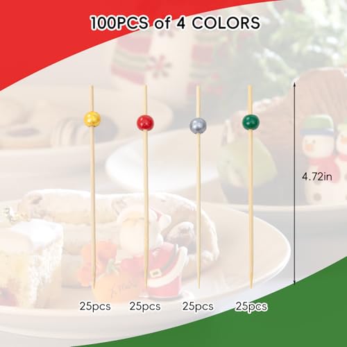 Christmas Cocktail Picks 100Pcs Bamboo Food Skewers for Appetizers & Desserts