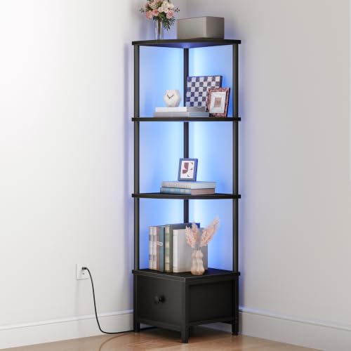 Corner Shelf Stand with LED Light and Drawer - Black, 11.8 x 11.8 x 51.6 inches