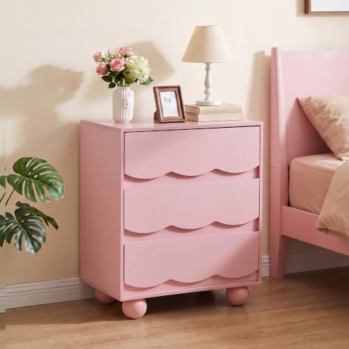 3-Drawer Dresser for Bedroom in Pink - Wave Front, 23.6" W x 13.8" D x 28.7" H, Wooden Storage Chest