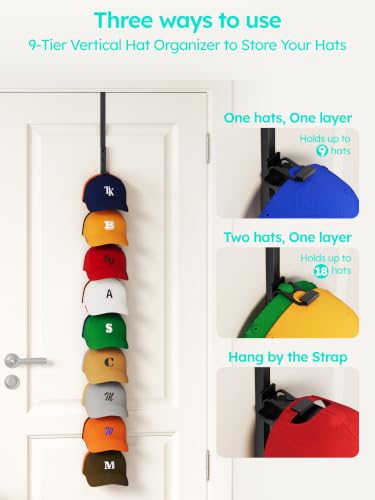 HapiRm Black Hat Organizer for Baseball Caps - Over Door Metal Rack Holds 18+