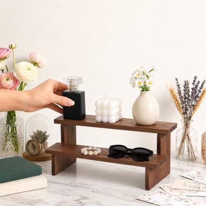 Wooden Display Riser Shelf 2-Tier Rustic Rectangle Stand 5x12x5.4 Inch