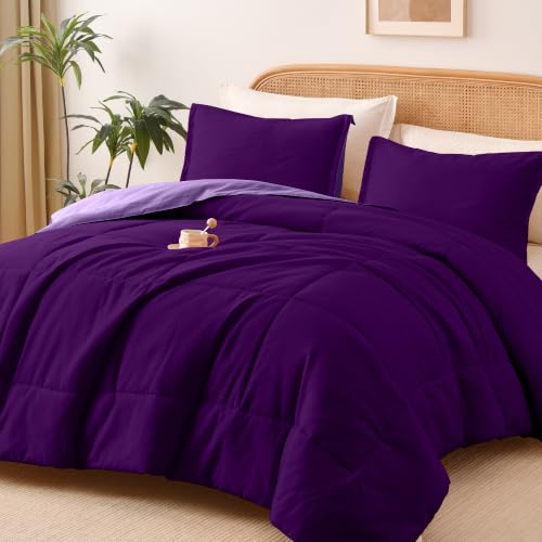 Queen Size Reversible Comforter Set 3 Pieces - Deep/Light Purple, 90x90 Inches, Ultra Soft All-Season Bedding