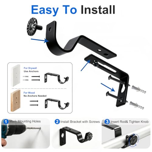 Black Curtain Rod Brackets Heavy Duty Wall Mount 2 Pack for 1 Inch Round Rods