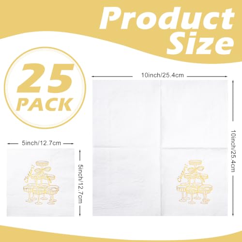 White Gold Champagne Tower Cheers Wedding Paper Napkins - 25 Pcs Disposable Cocktail Decor