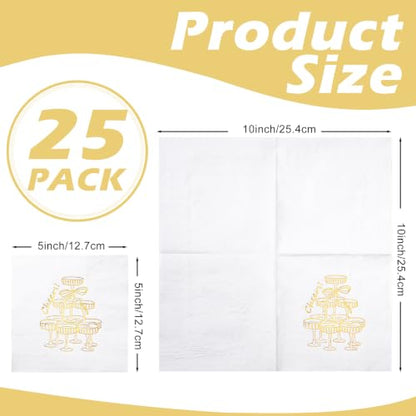 White Gold Champagne Tower Cheers Wedding Paper Napkins - 25 Pcs Disposable Cocktail Decor