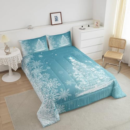 Queen Size Christmas Comforter Set with Glitter Xmas Trees & Stars - Blue Shiny Holiday Bedding with Pillowcases - Variation 07