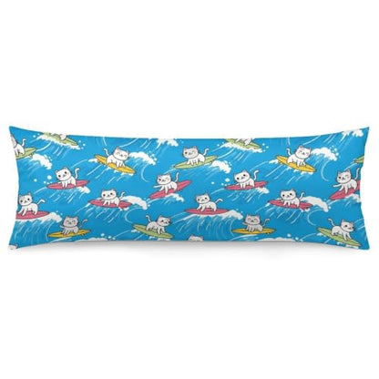 Cute Cat Surfing Body Pillow Cover 20x54 Inches Blue Waves Zipper Bed Decor - Style-3