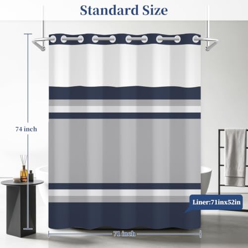 Navy Striped No Hook Geometric Shower Curtain 71x74 Inch with Liner