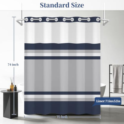 Navy Striped No Hook Geometric Shower Curtain 71x74 Inch with Liner