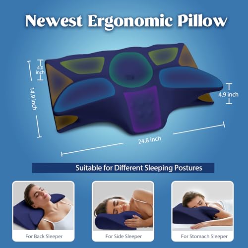 Cooling Memory Foam Neck Pillow with Support Armrests - Orthopedic Contour Bed Pillow for Side Back Stomach Sleepers, Navy