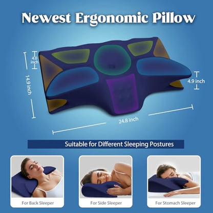 Cooling Memory Foam Neck Pillow with Support Armrests - Orthopedic Contour Bed Pillow for Side Back Stomach Sleepers, Navy