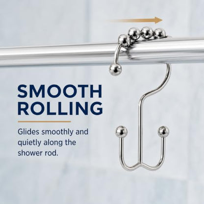Double Shower Curtain Hooks Set of 12, Rust Proof Metal Roller Ball Rings, Nickel Finish