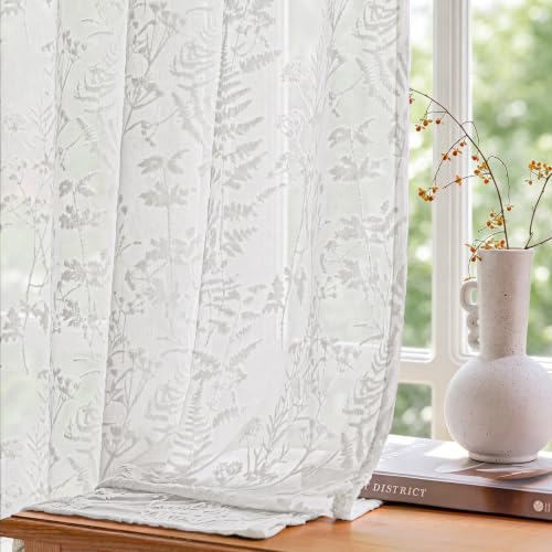 Ivory White 3D Floral Semi Sheer Curtains Set - 52W x 84L, 2 Panels, Pack of 2