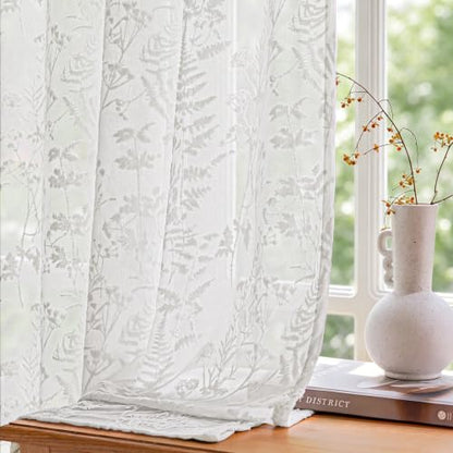 Ivory White 3D Floral Semi Sheer Curtains Set - 52W x 84L, 2 Panels, Pack of 2