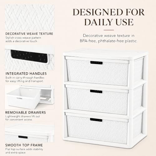 White 3-Drawer Plastic Storage Tower - Decorative Closet Organizer