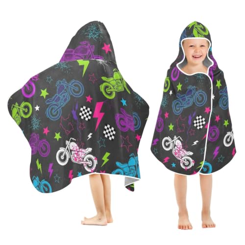 Kids Hooded Beach Towel Poncho with Neon Motorcycle Design - Soft & Absorbent