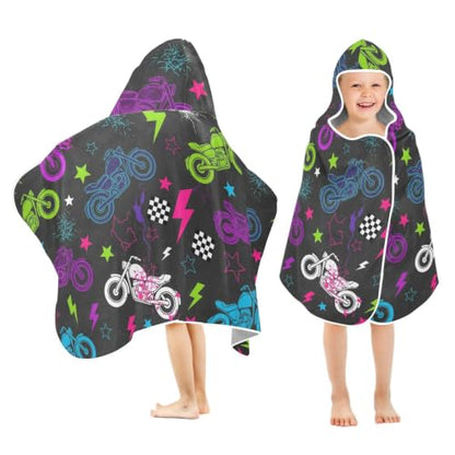 Kids Hooded Beach Towel Poncho with Neon Motorcycle Design - Soft & Absorbent