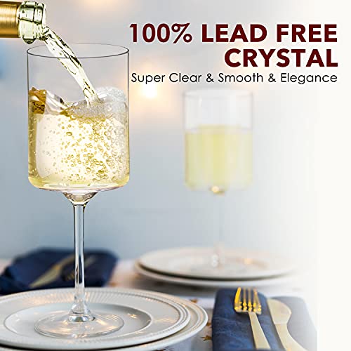 Square Wine Glasses Set of 6 - Hand Blown Crystal, 11.4oz, Elegant Gift